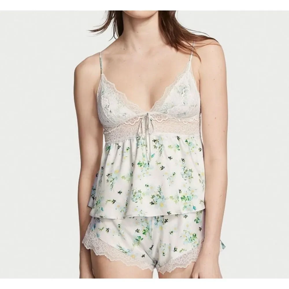 Victoria's Secret Bumblebee Lounge Set White Satin Green Flowers Lingerie Size M